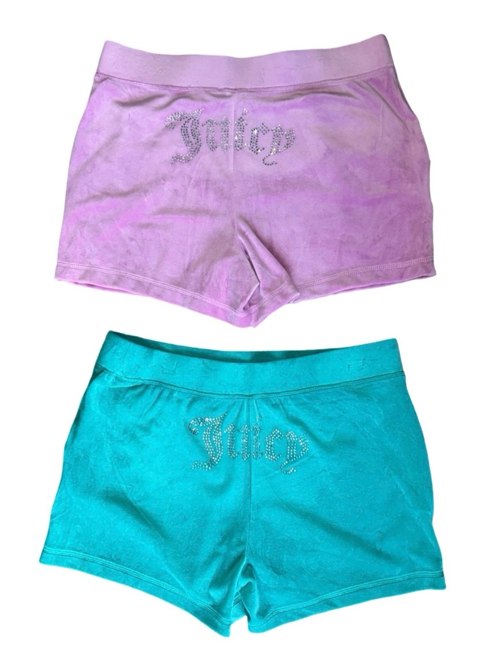 JUICY COUTURE BLING RHINESTONE 2 PAIR VELOUR SHORTS PURPLE & TEAL SIZE LRG NWT